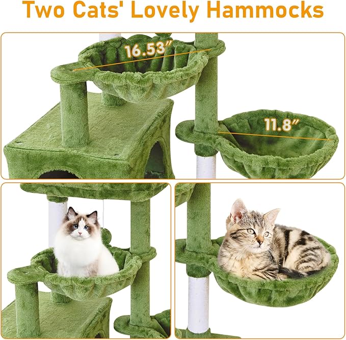 KIYUMI Cat Tree Cat Tower Condo with Sisal Scratching Post for Indoor Cats Cat Tree Cat Furniture with Hammock Perch and Kitten Ball Toys, Multi-Level Pet Activity Center Green
