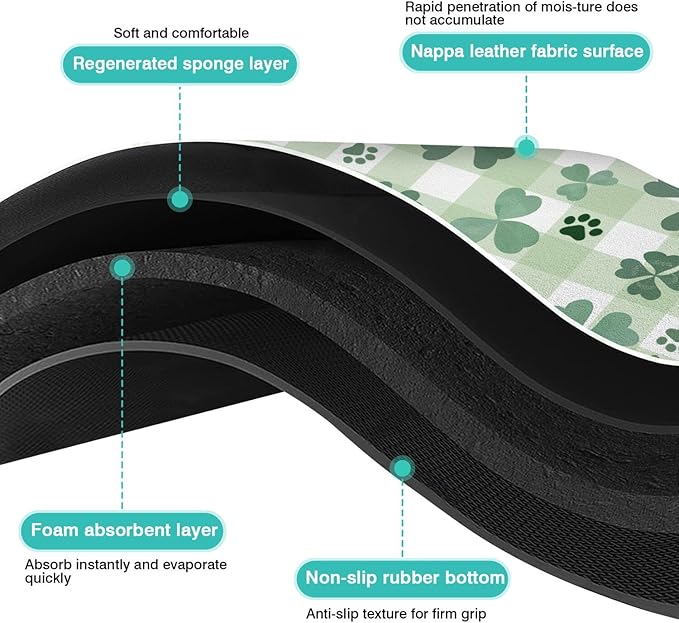 St Patricks Day Dog Food & Water Mat, Green Shamrocks Paw Prints Clover Pet Feeding Mat for Floor Non-Slip Waterproof, Super Absorbent Cat Bowl Mat, Easy to Clean Pet Placemat,16" × 24"