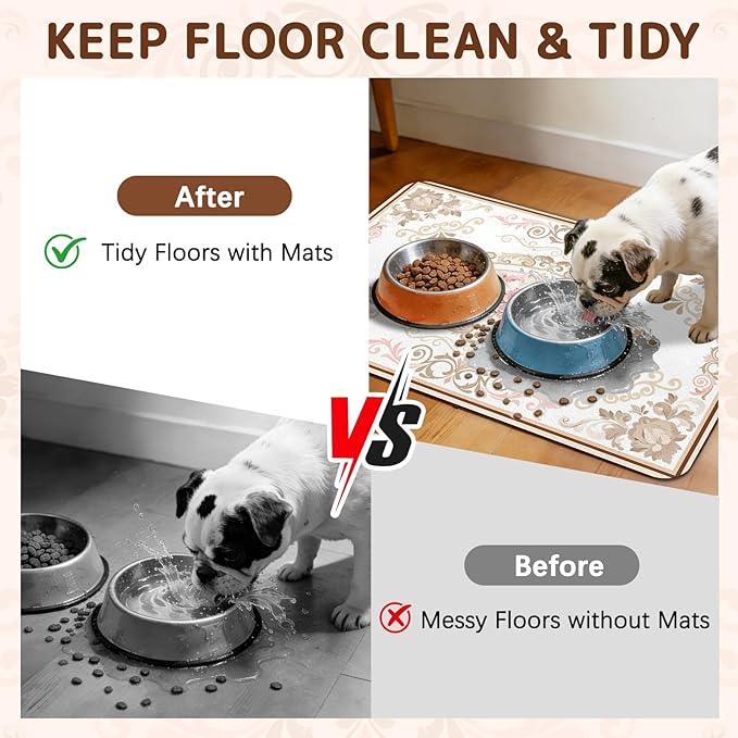 Dog Food Mat for Bowls, Absorbent Quick Dry Dog Cat Mats for Food and Water, Non-Slip Backing Pet Mat Pet Supplies - Floral Pattern