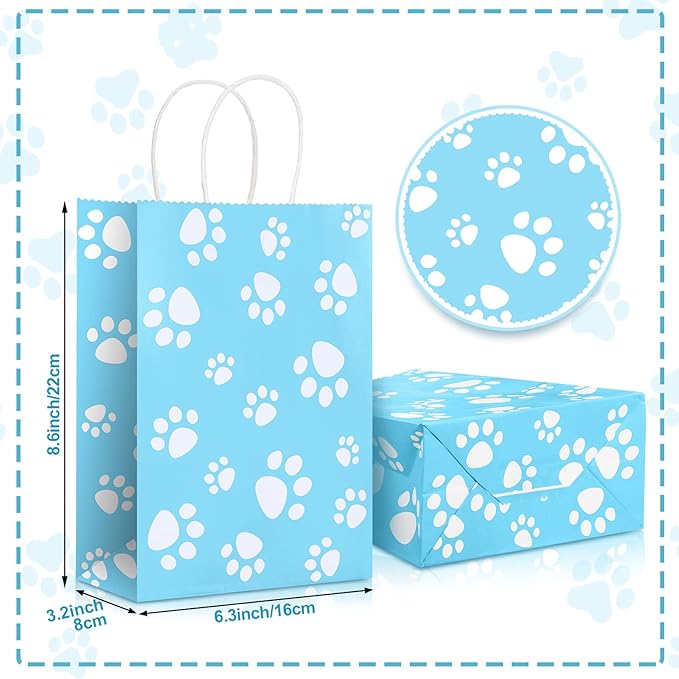 Blulu 20 Pcs Puppy Dog Paw Gift Bags with Paper Twist Handles, Dog Gift Paper Paw Treat Goodie Bags for PET Treat Party Favor, 6.3 x 3.1 x 8.6 Inch(Blue Backing)