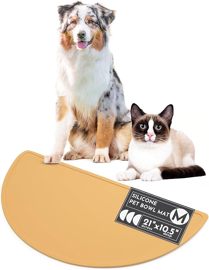 Should We Go - Waterproof Silicone Pet Food Mat - Non-Slip, Spill-Proof Feeding Mat for Floors, Raised Edge Design, Easy-to-Clean Rubber Pad for Dog & Cat Bowls, 21" Across x 10.5" Deep, Medium-Honey
