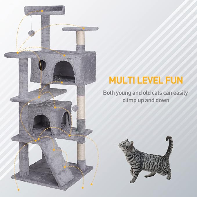 Multi-Level Cat Tree Tower with Condos, 54" Tall Cat Activity Center with Plush Perches and Toys, Space Saving Pet Playhouse for Kittens and Cats (Light Grey)