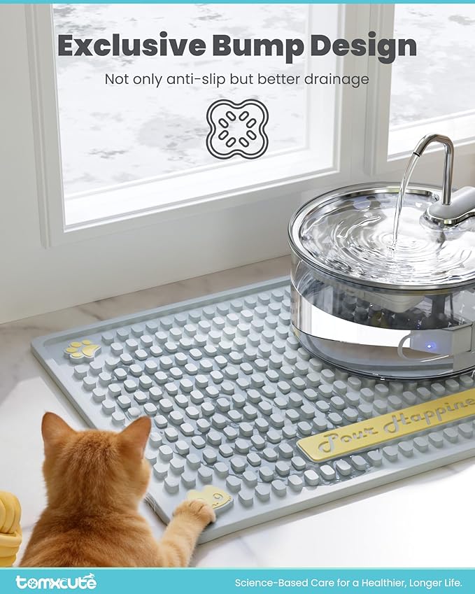 Tomxcute Extra Thick Pet Feeding Mat 19.7" x 14.2", BPA-Free Food-Grade PVC, Waterproof Raised Edge Non-Slip Bowl Mat for Cat Water Fountain & Automatic Feeder, Textured Fast-Drain, Brush Included