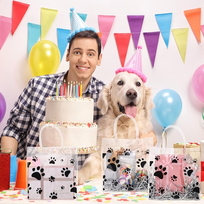 Teling 20 Packs Dog Paw Clear PVC Gift Bags with Handle Reusable Plastic Wrap Tote Bags Transparent for Puppy Pet Treat Party Favor Birthday Wedding Party, 8 x 8 x 3.15 Inch(Black)