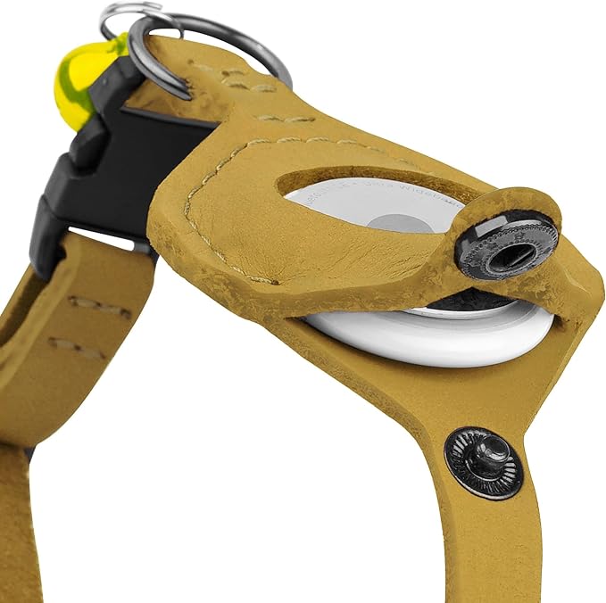 Breakaway Airtag Cat Collar with Removable Bell - Leather Pet Collar with Apple Air Tag Holder - Adjustable GPS Collars for Girl Boy Cats Kitten Puppy - Lightweight, Cute and Comfortable (Yellow)