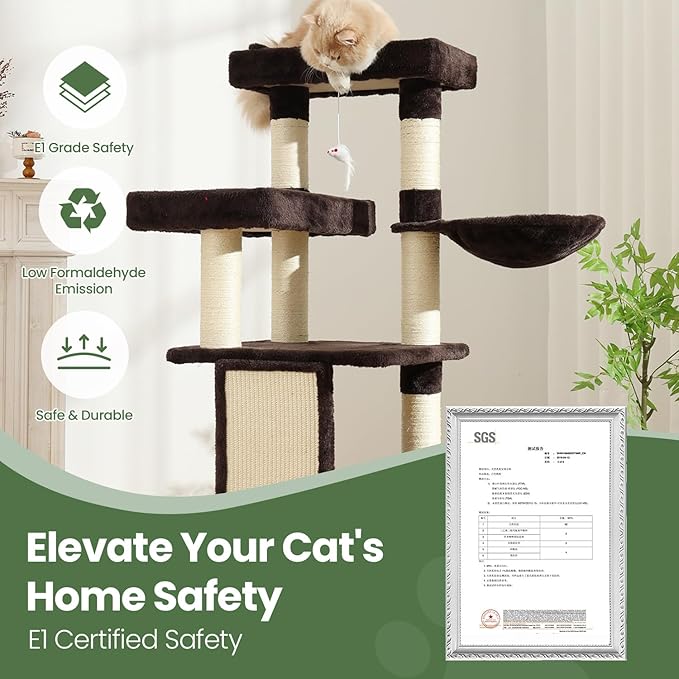Cat Tree, 50.31-Inch Cat Tower for Indoor Cats, Cat House with Padded Platform Bed, Toy Mouse Ball, Large Cozy Condo, Hammocks and Sisal Scratching Posts for Kittens Play, Brown