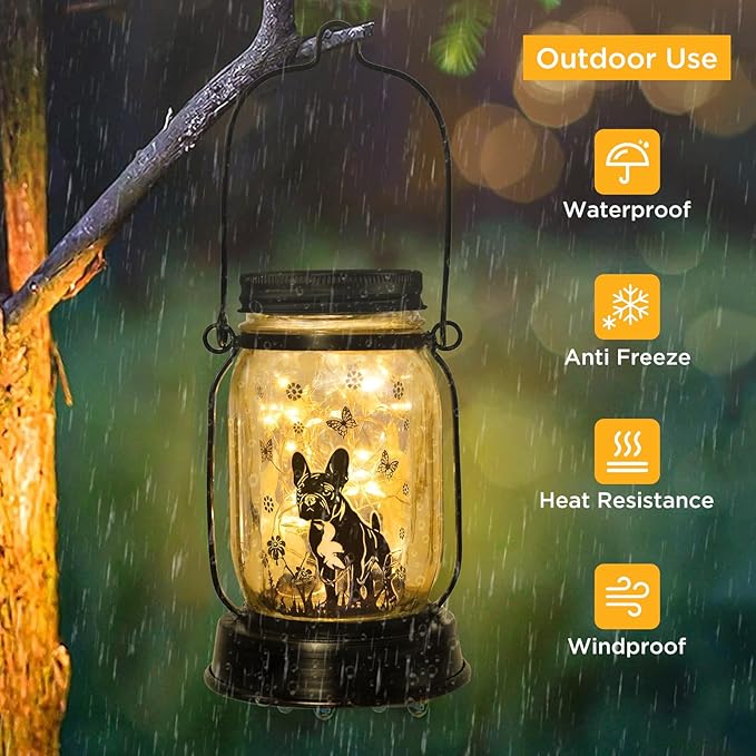 French Bulldog Frenchie Gifts for Women/Men French Bulldog Solar Lanterns Dog Mom Birthday Dog Lovers Lantern Pet loss Pet Memorial Lights Solar Garden Decoration Yard, Patio,Backyard,Porch Torches