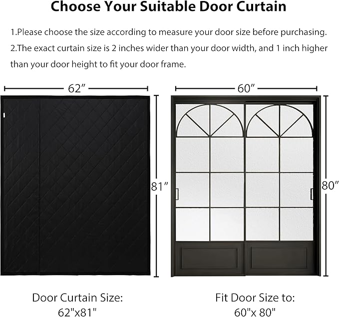 Reversible Wide Magnetic Thermal Insulated Door Curtain for Winter,Thicken Polyester Fiberfill & Heavy Duty Oxford Cloth,Temporary Window Insulation Cover Curtain for French Sliding Door,62”x81”