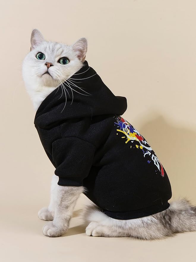 QWINEE Cartoon Bear Print Cat Hoodie Breathable Stretchy Sweatshirts with Hat Warm Cat Clothes for Small Medium Large Cats Dogs Multicolor XS