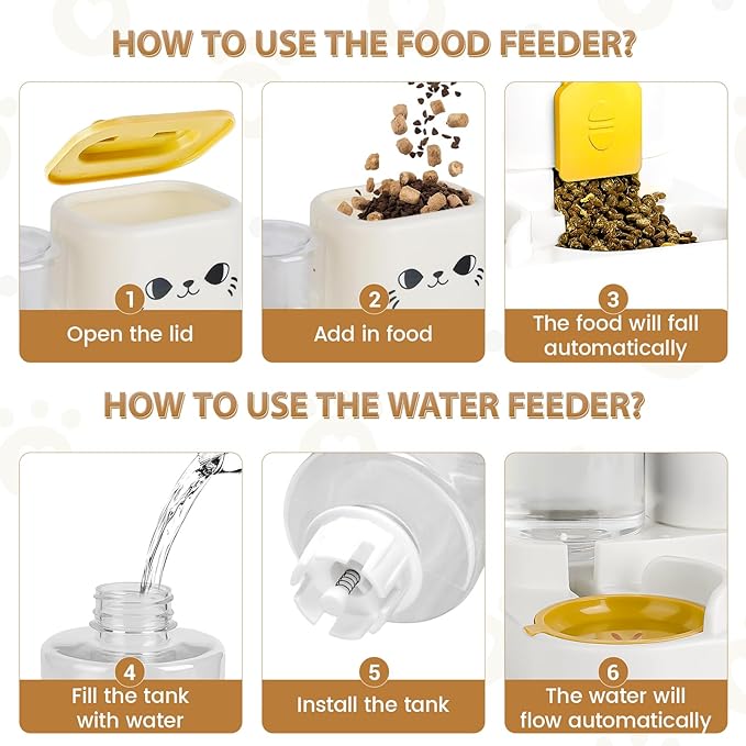 2-in-1 Gravity Pet Feeder & Water Dispenser for Cats Dogs - Large Capacity Cat Food Station with Water Bowl, Travel-Friendly (Yellow)