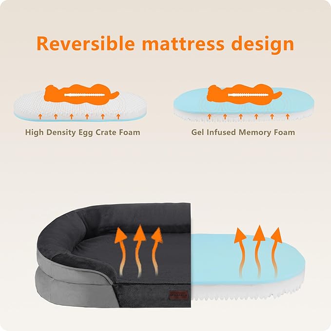 Dwanton Orthopedic Dog Bed for Medium Dogs with Gel Memory Foam, Waterproof Dog Sofa, Washable Pet Bed with Four Sided Bolster Cushion, Removable Cover & Non-Slip Bottom, 35", Dark Gray