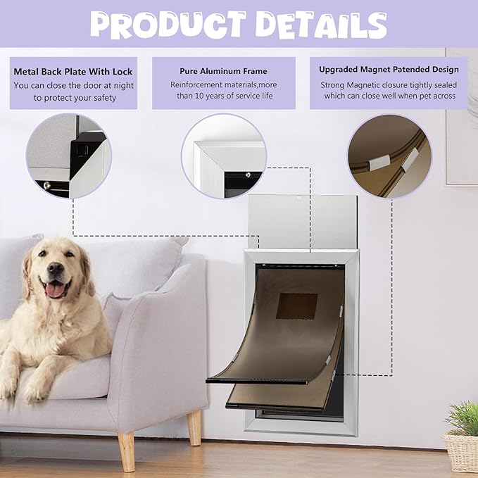 Durable Pet Door, Aluminum Door for Dog and Pets, Medium Doggie Door with Double Automatic Closing Magnetic Flaps, Ideal for Interior and Exterior Doors, Screen and Wall, Weather Resistant