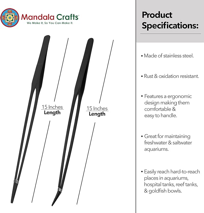 Mandala Crafts 15 Inches Black Stainless Steel Straight and Curved Aquarium Tweezers for Aquatic Plants – Long Aquascape Forceps for Fish Tanks, Hospital Tanks, Goldfish Bowls, and Terrariums