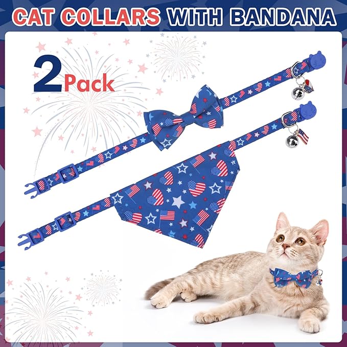 SCENEREAL Independence Cat Collar with Bells, 2 Pack Breakaway Cat Collars with Removable Bowtie Bandana, Adjustable Cute Kitten Collar for Pet Small Dogs Boys Girls