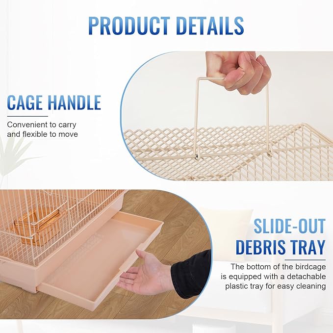 FDW 39 Inch Bird Cage Parakeet Cage with Play Top Rolling Stand & Easy Clean Pull-Out Tray Roof Top Parrot Cage for for Finches Canaries Parakeets Cockatiels & Other Small Birds, Almond