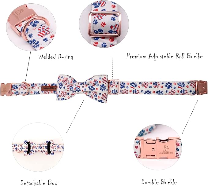 Lionheart Glory American Flag Dog Collar with Bow, Adjustable for Large Dogs