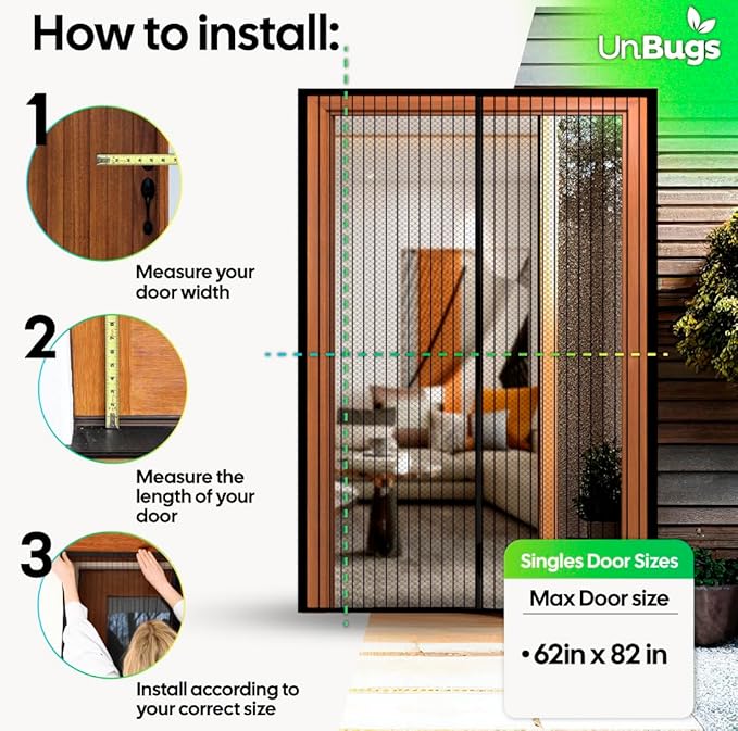 UnBugs Magnetic Screen Door - Fits French Door & Double Doors up to 50 x 82 Inches MAX - Pet & Kid Friendly, Self-Closing - Hands Free Magnet Closure Keeps Bugs Out & Breeze in