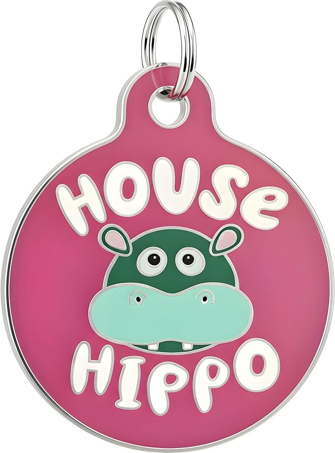 Bad Tags Personalized Dog and Cat ID Tags in 25+ Designs and 2 Sizes - 5 Lines of Custom Engraved Text - Funny Cute Personalized Pet Tags (House Hippo - Pink, Small (1 inch))