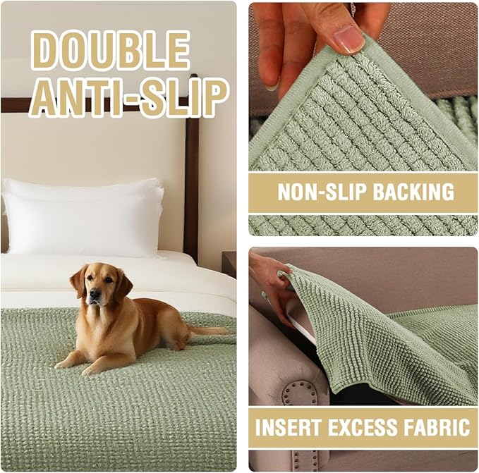 H.VERSAILTEX Plush Chenille Couch Cover for Dogs Pets Blanket for Bed Anti-Slip Soft and Durable Furniture Protector for Small Medium Large Cats Washable (52" x 82", Sage)