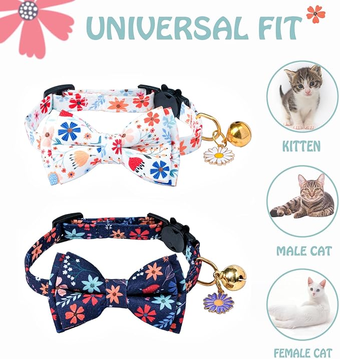 Flower Cat Collar Breakaway With Bow Tie Bell 2 Pack White & Blue Floral Pendant Cute Cat Collars Adjustable Safety Kitty Kitten Collars Soft Fancy Cat Collar for Female Girl Cats Male Boy Cats
