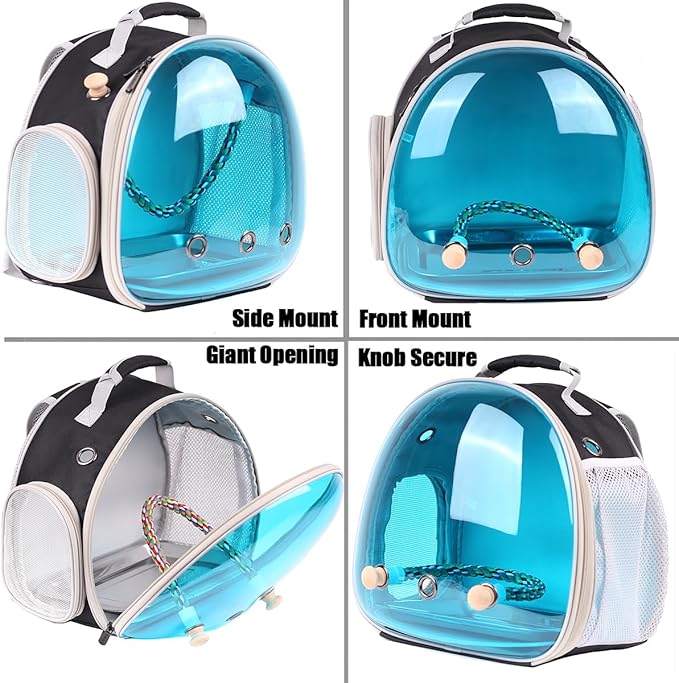 Polarized Tinted Blue Bubble Small Bird Carrier Travel Cage, Portable Bird Carry Backpack with Stainless Steel Tray and Standing Perch for Parakeet Cockatiel Budgies