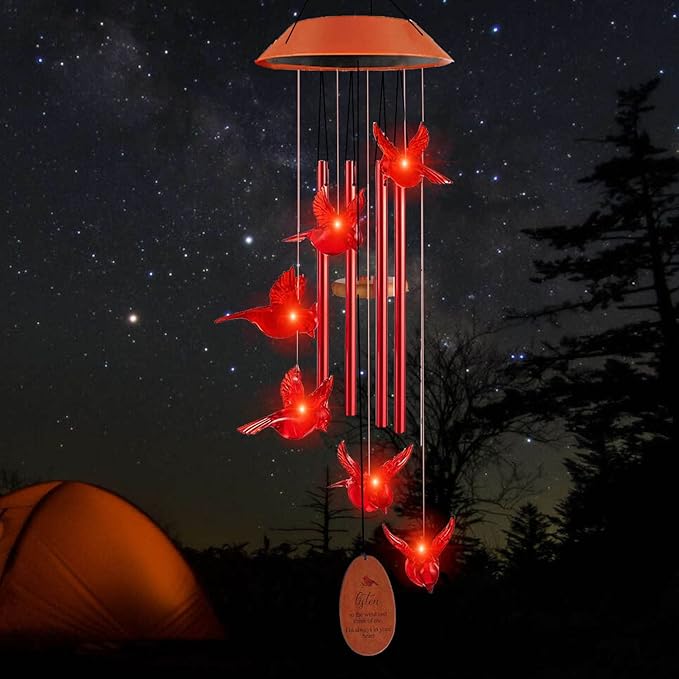 Cardinal Solar Wind Chimes Outdoor, Cardinal Bird Wind Chime Light with 4 Red Metal Tube, Cardinal Gifts for Women Mom Grandma, Birthday Gifts Memorial Sympathy Gift