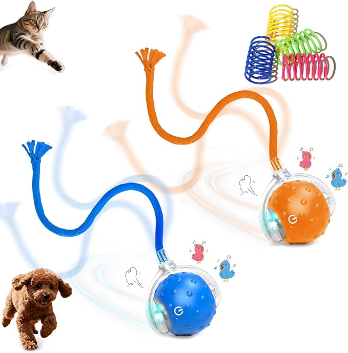 2-Pack Interactive Cat Toys Ball for indoor Cats＆Dog,Automatic Cat Toy with Smart Obstacle Avoidance &Bird Chirps ,Includes 4 Cat Spiral Spring,Cat Enrichment Toys for Indoor Cats(Orange＆Blue)