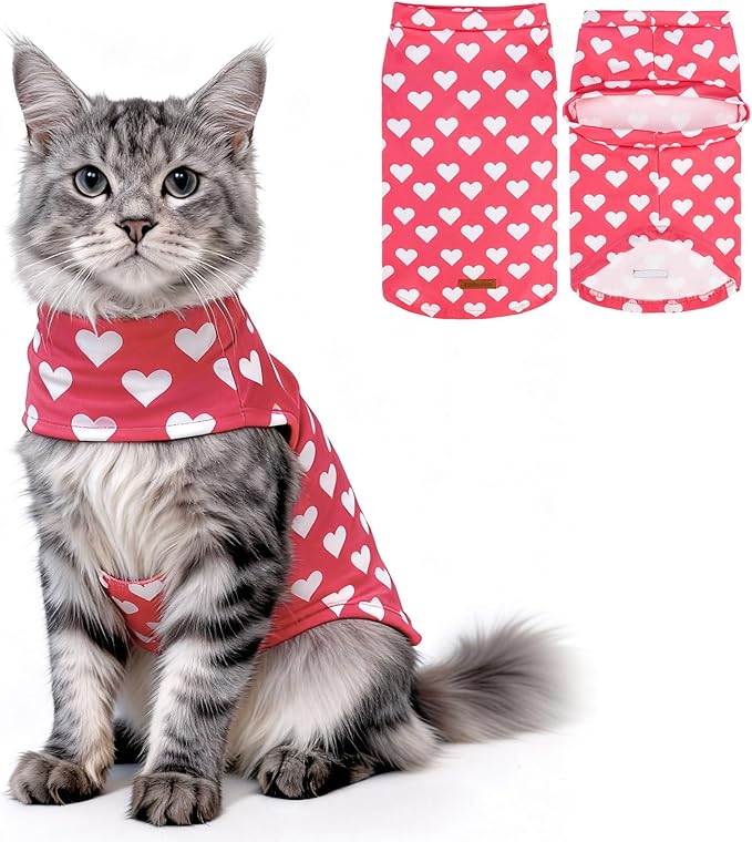 EXPAWLORER Cat Valentines Outfit Sweater - Valentine's Day Sweater for Cats Only Warm Kitten Clothes, Pet Coat Pullover Design, Fleece Sweatshirt Clothing Also for Puppy Small Dogs, Pink Heart M