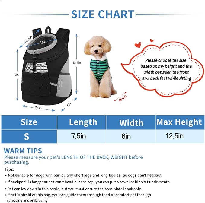 SMONT Dog Backpack Carrier Pet Lightweight Dog Carrier Backpack Small Dog Front Backpack Breathable Dog Carriers for Small Dogs with Safety Belt for Outdoor Hiking Travel Use S (2-7 lbs) Black