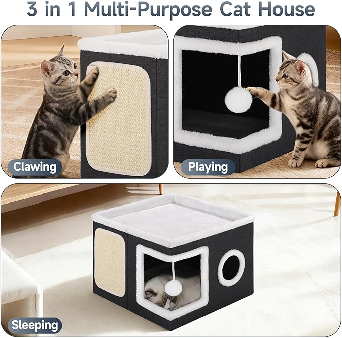 Shikha Cat Beds for Indoor Cats, Large Cat Cave with Cozy Condo, Fluffy Ball, Round Window, Foldable Indoor Cat House Hold Up to 30LBS, Cat Hideaway with Reversible Cushions for All Seasons, Black