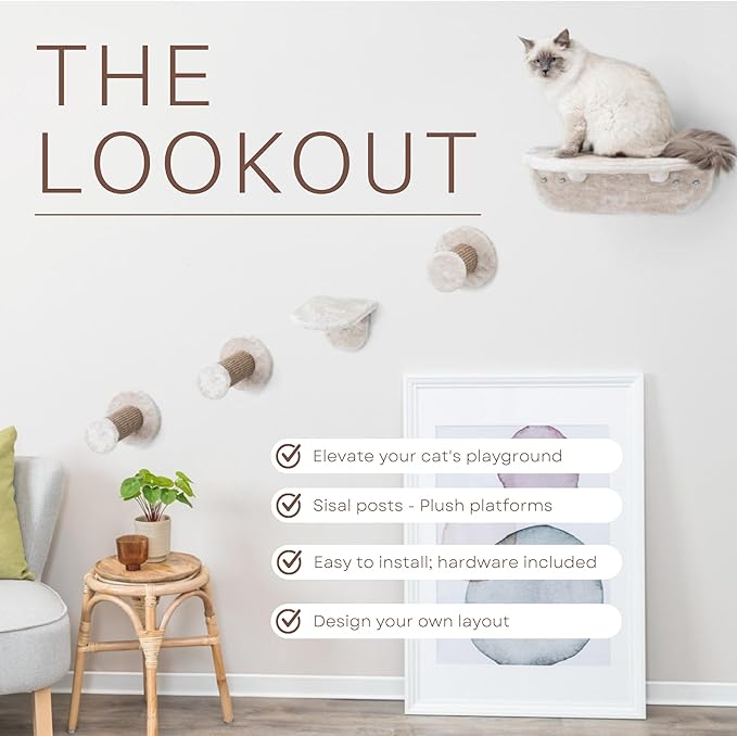 Trixie Wall Mounted Cat Lookout Set – Climbing Shelves with Sisal Steps & Plush Platforms – Wall-Mounted Cat Shelves for Scratching & Lounging – Light Gray-Greige, 12.75 x 18.75 x 6.25 in