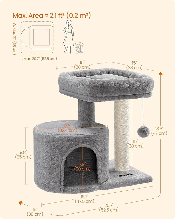 Feandrea Cat Tree, Small Cat Tower with Sisal Scratching Post, Plush Condo with Padded Perch, for Small Spaces, Kittens, Light Gray UPCT50W