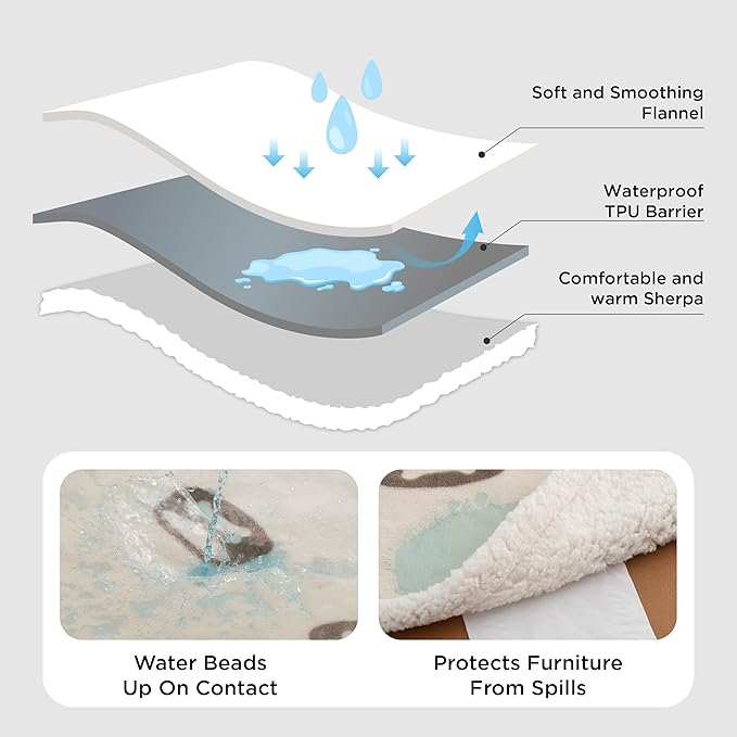 Bedsure Waterproof Dog Blankets for Small Dogs - Soft Print Sherpa Fleece Puppy Cat Blanket Washable, Cozy Plush Reversible Throw Furniture Protector for Pet Kitten Doggy, 25"X35", Beige