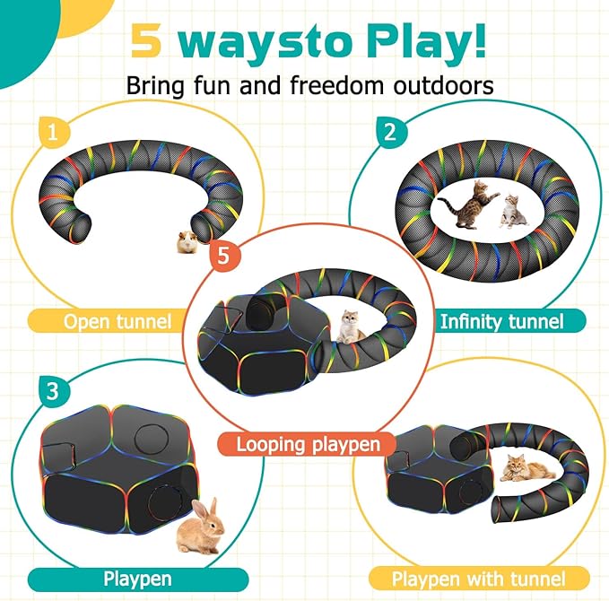 LUCKITTY Portable Cat Enclosure - 2-in-1 Outdoor Catio with Tent & Tunnel, Foldable Playpen for Indoor Cats, Includes Storage Bag for Cats & Small Animals Rainbow Color