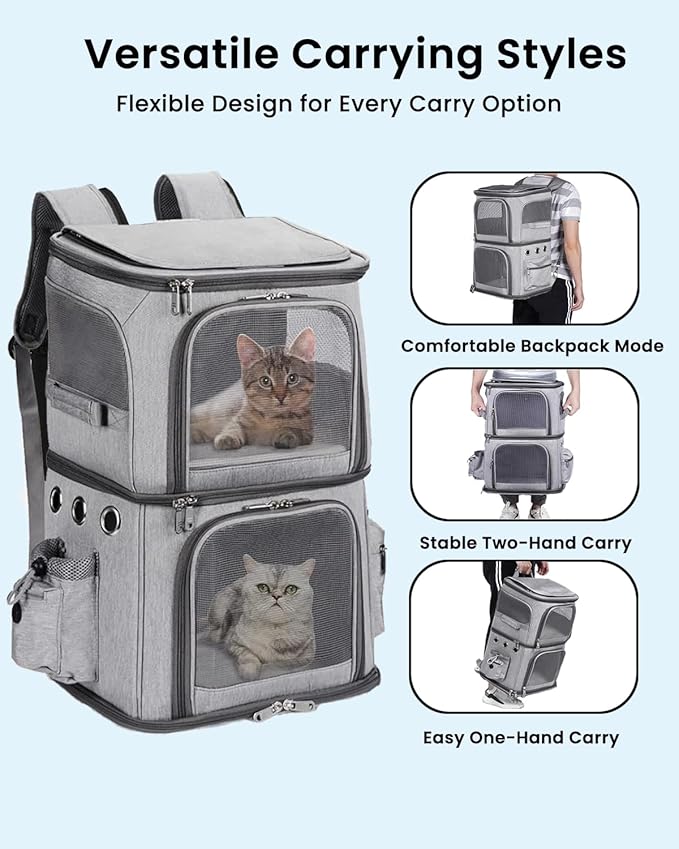 Double-Compartment Pet Carrier Backpack for Small Cats and Dogs, Cat Travel Carrier for 2 Cats, Perfect for Traveling/Hiking/Camping, Grey, XL