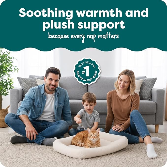FurHaven Dog Bed for Small Dogs & Cats, Bolster Crate Pad with Soft Supportive Base for Carriers & Kennels, Machine Washable, Small, Sherpa Fleece, Cream