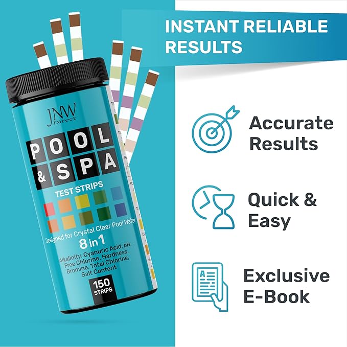 Pool Test Strips 8-in-1, 150 Quick and Accurate Pool and Hot Tub Test Strips - Pool Water Testing Kit for Chlorine, Bromine, pH, Hardness, More - All in 1 Swimming Pool Test Strips by JNW