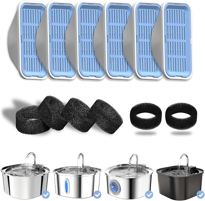 PEKTACO Cat Water Fountain Replacement Filters & Pre-Filter Sponges for 3.2L/108oz Automatic Pet Fountain, Dog Water Dispenser – 6 Pack Filters & 6 Pre-Filter Sponges