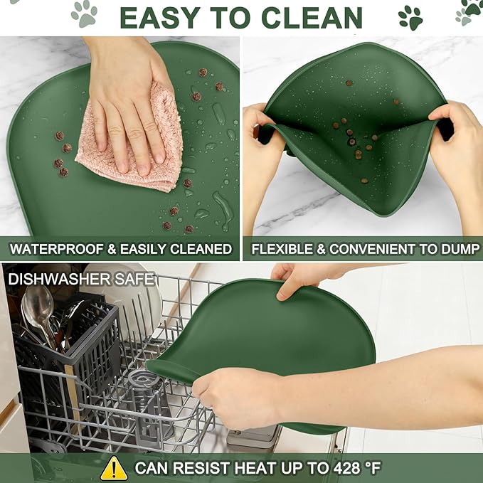 Small Silicone Pet Food Mat with Raised Edge for Food and Water Bowl, Square Dog Feeding Mats, Cat Food Trays for Floor Waterproof, Rubber Tray for Dogs and Cats, 12 x 12 x 0.7 Dark Olive