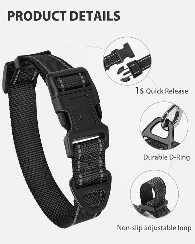 Joytale Reflective Dog Collar, Adjustable Nylon Pet Collar with Quick-Release Buckle for Medium Dogs, Black, M