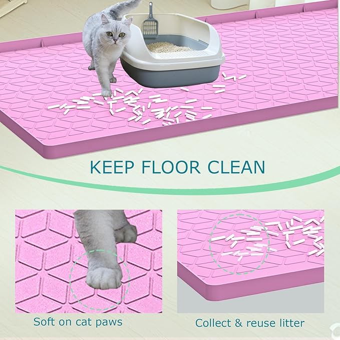 Cat Litter Mat, Silicone Large Cat Mat for Litter Box - 40x28 in, Waterproof & Non-Slip, Durable & Easy Clean, Pink