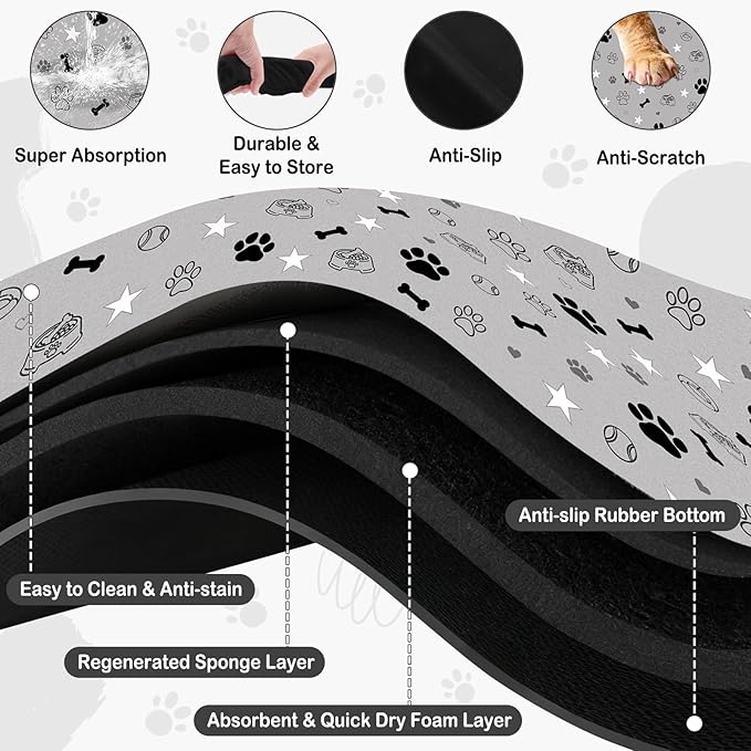 Dog Food Mat for Pet Cat Food Mat, Gray Absorbent Quick Dry Dog Bowl Mats for Food and Water, Non-Slip Cat Pet Feeding Mats for Floor Placemats 12"x20"