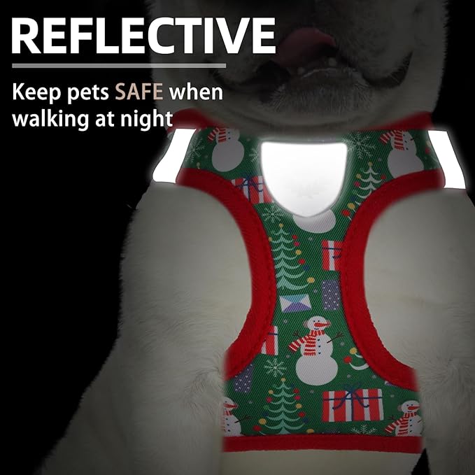 PUPTECK Adjustable Dog Harness Collar and Leash Set Step in No Pull Pet Harness for Small Medium Dogs Puppy and Cats Outdoor Walking Running, Soft Mesh Padded Reflective Vest Harnesses, Christmas, M