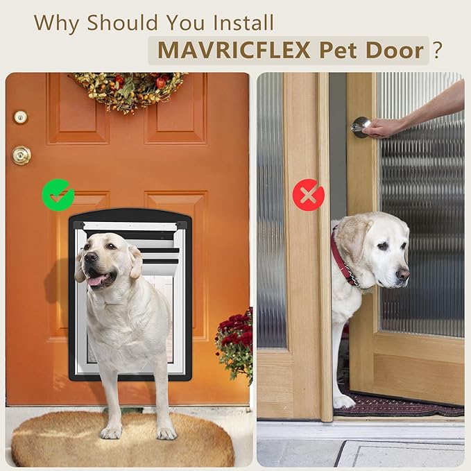 MAVRICFLEX Dog Door for Door - All-Stainless Steel Frame, Weather-Resistant Double Soft Flaps, 2 Sliding ABS Panels for Indoor/Outdoor Use, Fits Dogs Up to 40 LBS, Easy Install, Black