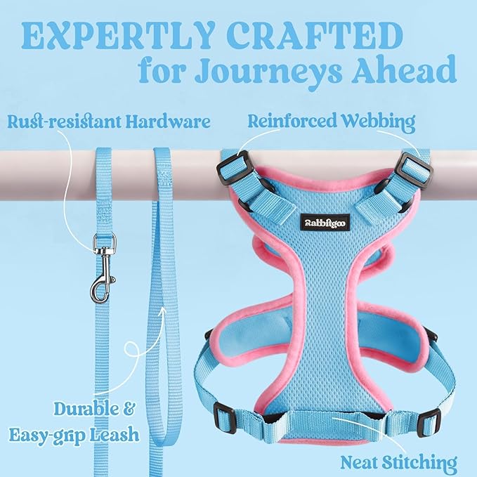 rabbitgoo Cat Harness and Leash for Walking, Escape Proof Soft Adjustable Vest Harnesses for Cats, Easy Control Breathable Reflective Strips Jacket, Light Blue&Pink, M
