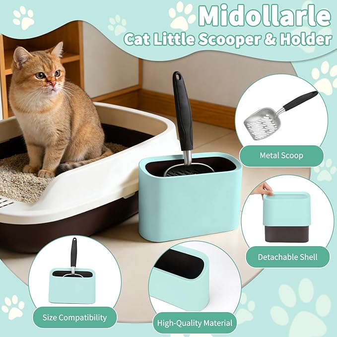 Heavy-Duty Cat Litter Scoop with Holder, Metal Cat Scooper and Detachable Trash Can,Aluminum Kitty Poop Shovel Captures All Clumps,Speed Sifter Litter Box Scooper and Caddy with Lid(Green)