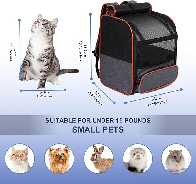 Pesen Cat Backpack Carrier, Breathable & Foldable Pet Carriers for Cats, Small Dogs and Rabbits Under 15 lbs, Airline Approved Dog & Cat Carrier Backpack for Hiking, Travel, Camping, Dark Gray