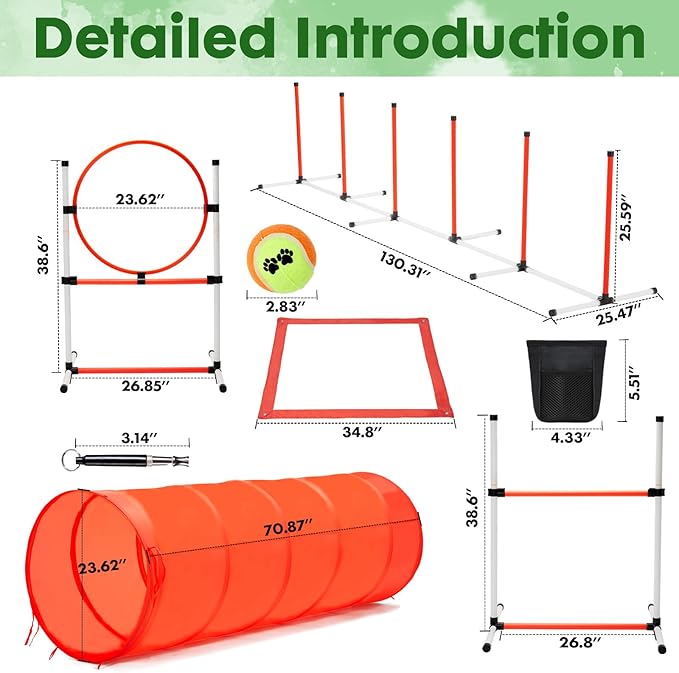 Dog Agility Course Backyard Set, Dog Agility Equipment, Pet obstacle Course Backyard with 6 Dual Mode Weave Poles, 2 Adjustable Hurdle, Jump Ring, Tunnel, Pause Box, Toy Balls and 2 Carrying Bags