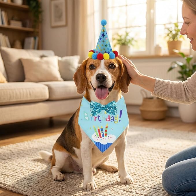 Pet Birthday Party Set with Hat and Bandana for Dogs and Cats with Star Pattern Design, Adjustable Sequin Bow tie Accessories, Blue Birthday Boy Scarf (Blue)