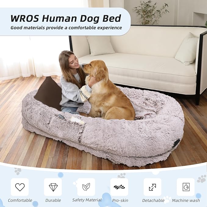 Human Dog Bed, 71''x45''x12'' Size Fits You and Pets, Washable Faux Fur Pet Bed for People Doze Off, Napping Orthopedic Dog Bed, Present Plump Pillow, Blanket, Strap - RustWhite